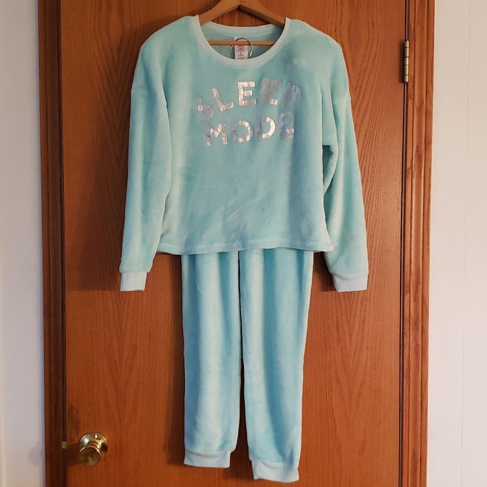 Justice Mint Green "Sleep Mode" Fuzzy Fleece Pajama Set Sz L (12/14)